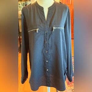 CALVIN KLEIN Women Thin Light Slippery Poly Blouse 2-Way Sleeve Black/Gray Med